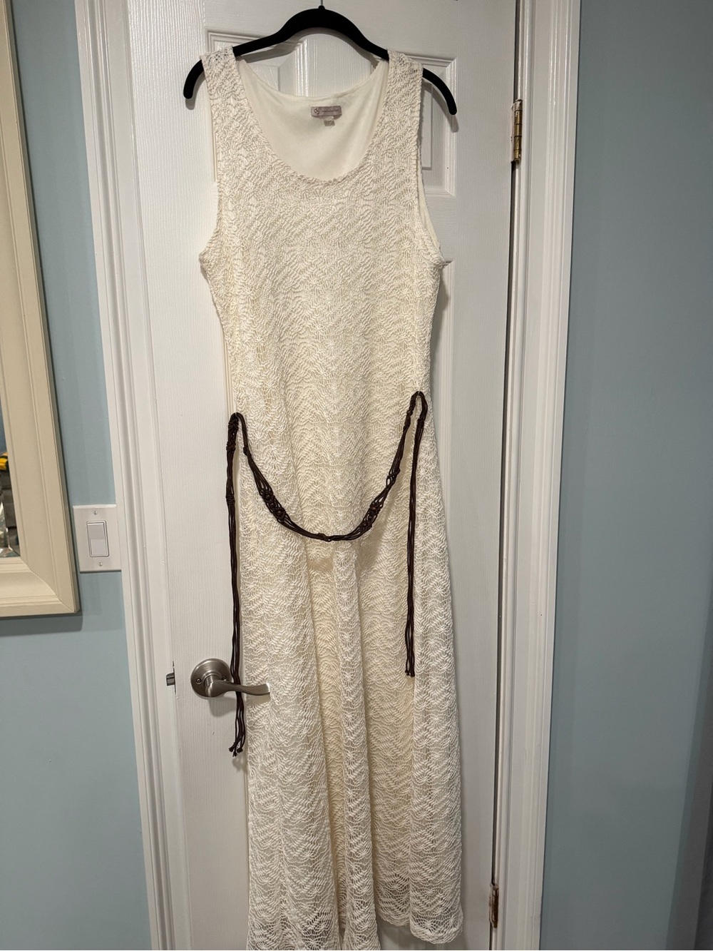 Sleeveless Cream Lace Maxi Dress with Braided Brown Belt